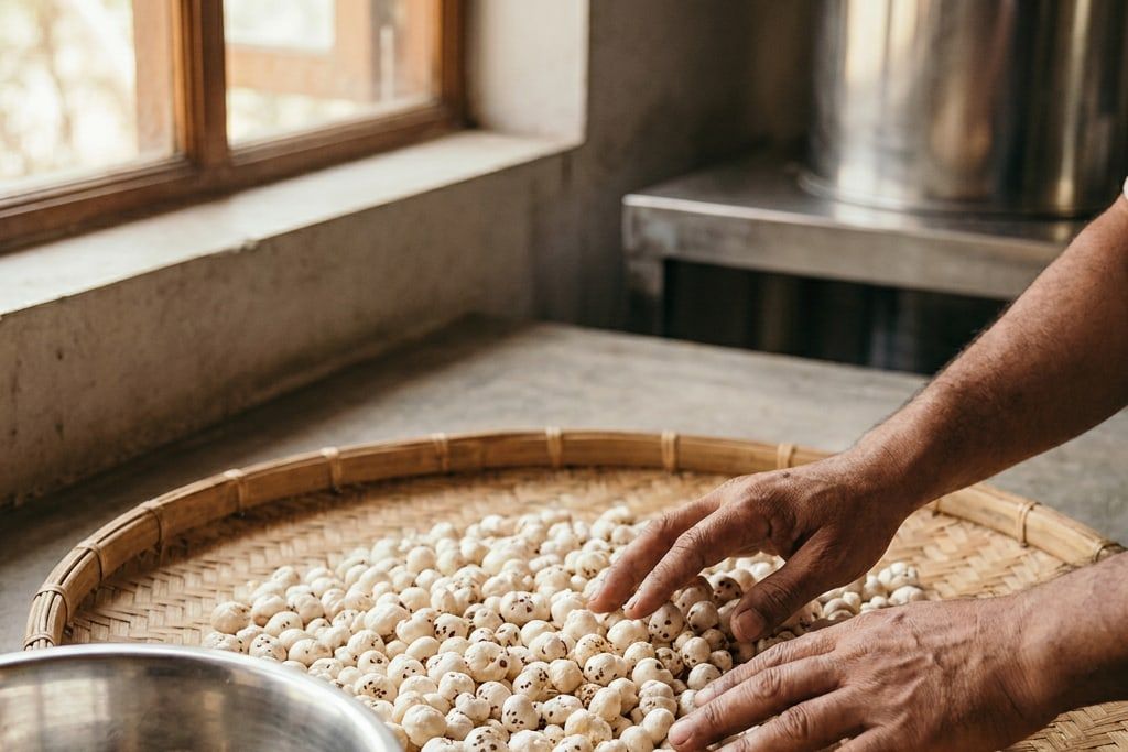 Adult hands sorting popped makhana on a bamboo sieve
